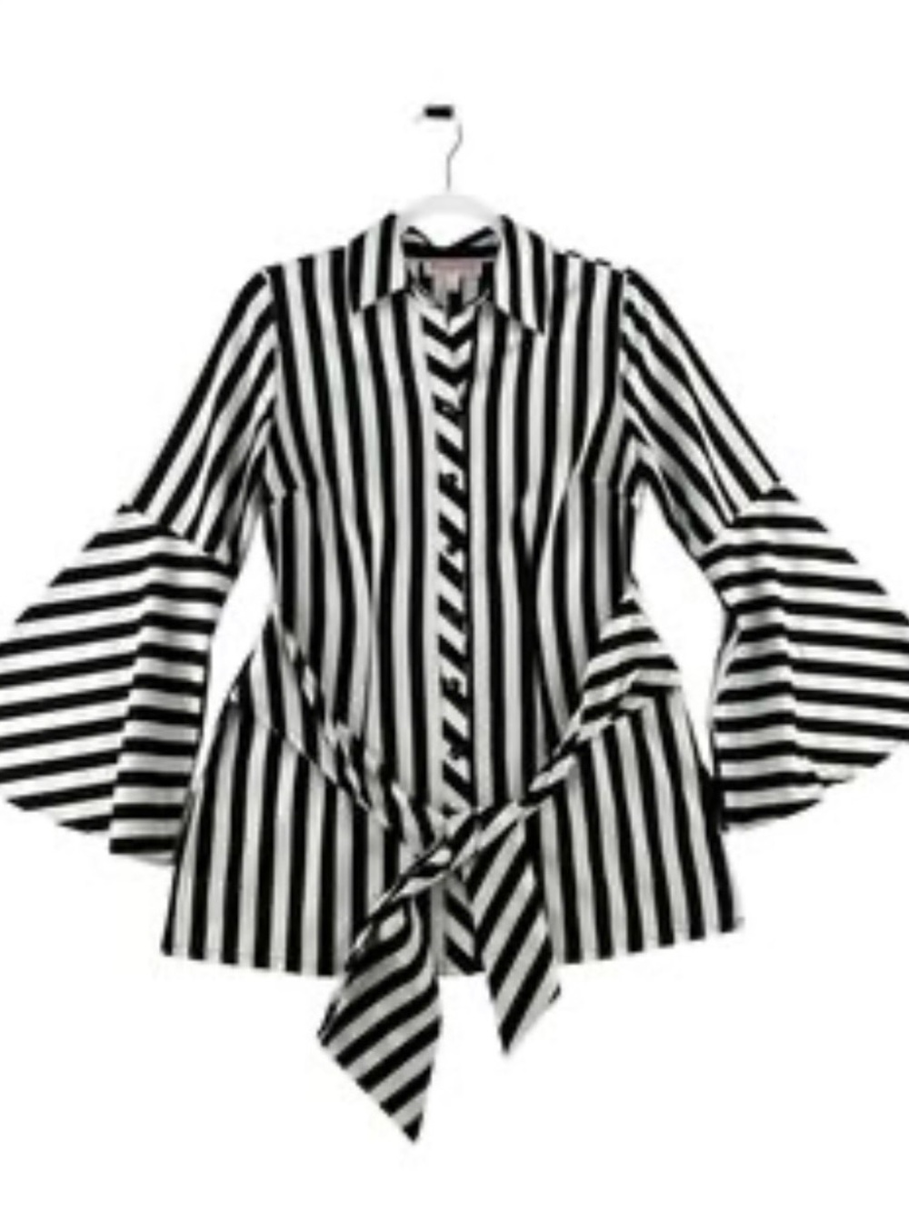 Mishka Black & White Vertical Stripe Tie-Waist Bell Sleeve Shirt Sz Sm Slimming!